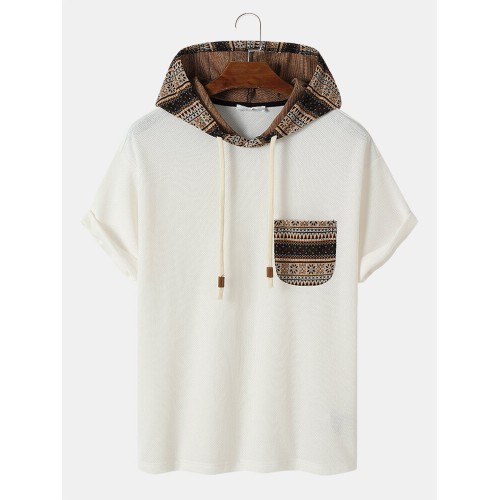 Mens Ethnic Geometric Print Pocket Knitted Short Sleeve Hooded T  Shirts